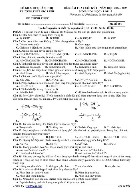 Đề thi Học kì 1 Hóa học 12 năm 2024-2025 trường THPT Gio Linh (Quảng Trị)